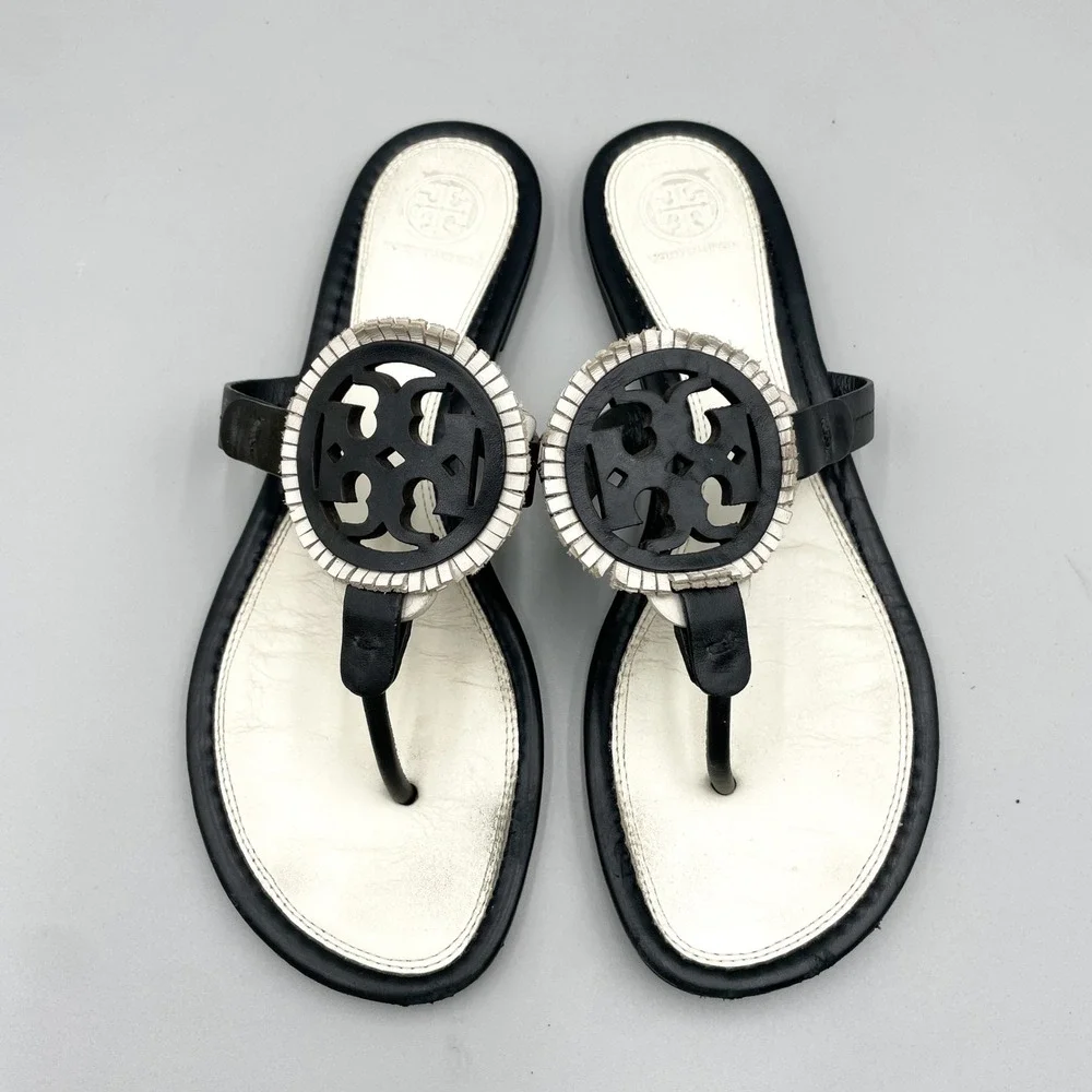 Tory Burch Miller Fringe Sandals Womens 9M Black White Leather Logo Thong Flats